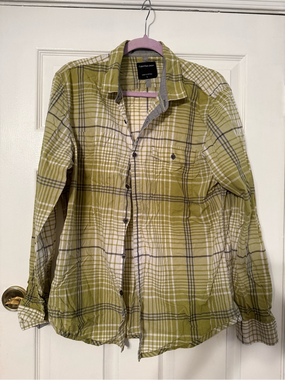 Calvin Klein Jeans Olive Green Plaid Button-Down Shirt